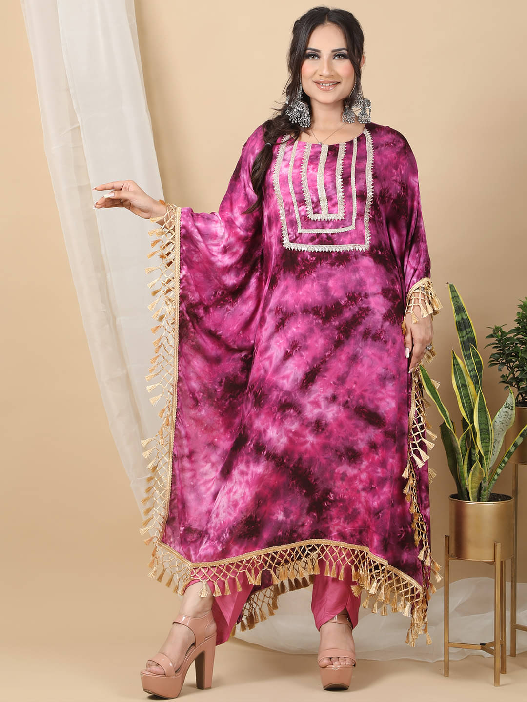     			Ridaa Women's Crepe Printed Kaftan Kurti - ( Pink )