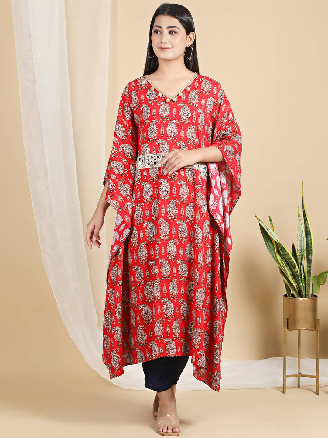     			Ridaa Women's Crepe Printed Kaftan Kurti - ( Red )