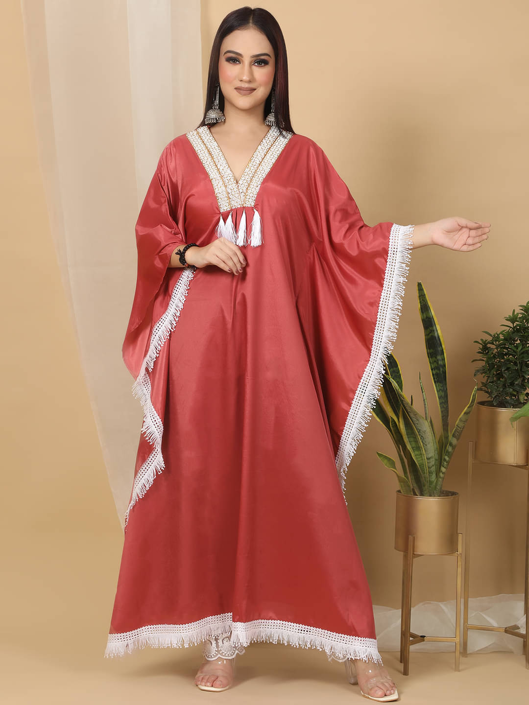    			Ridaa Women's Crepe Solid Kaftan Kurti - ( Maroon )