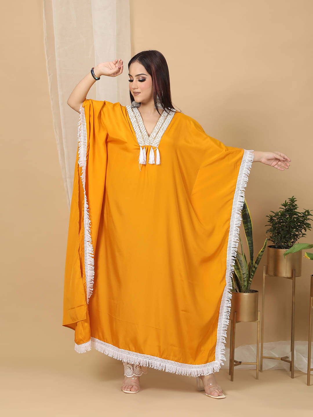     			Ridaa Women's Crepe Solid Kaftan Kurti - ( Orange )