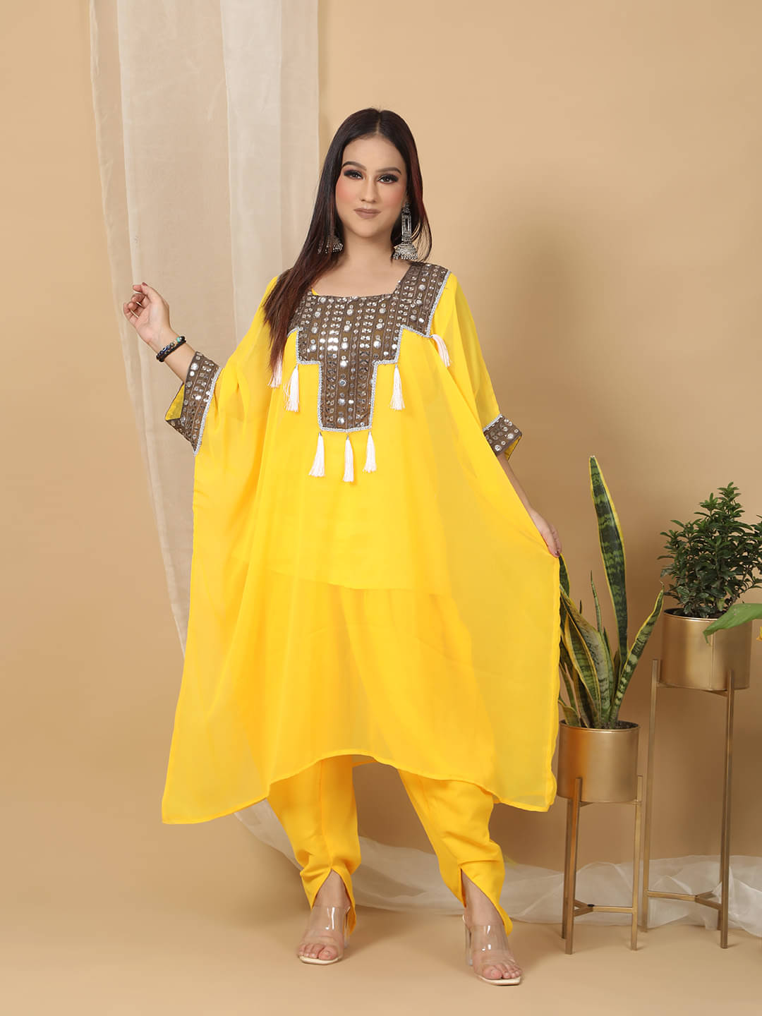     			Ridaa Women's Crepe Solid Kaftan Kurti - ( Yellow )
