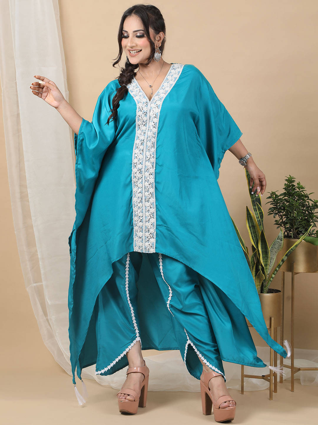     			Ridaa Women's Crepe Solid Kaftan Kurti - ( Blue )