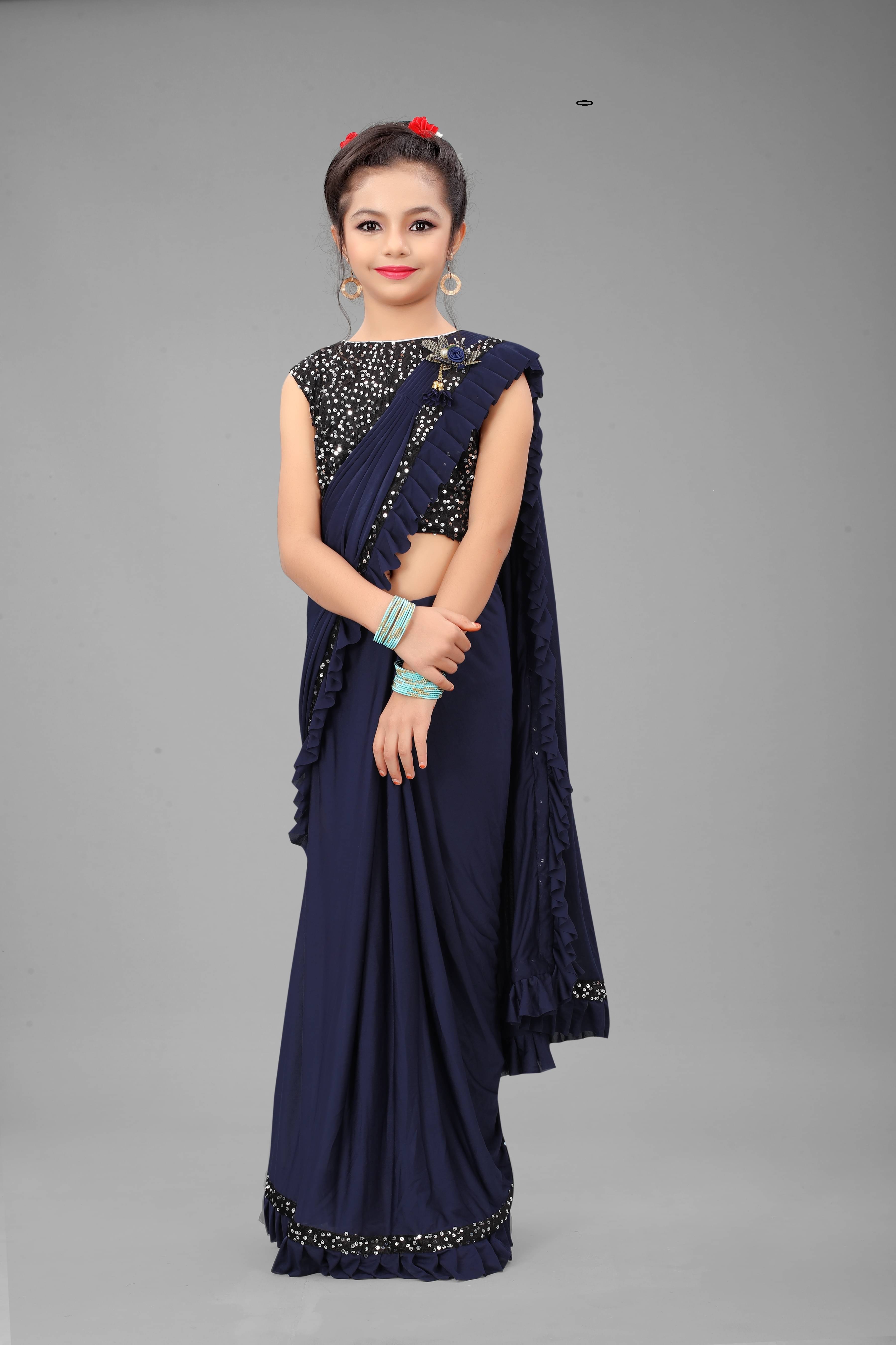     			XOOM LADY Lycra Ready To Wear Saree For Girls ( Navy Blue , Pack of 1 )
