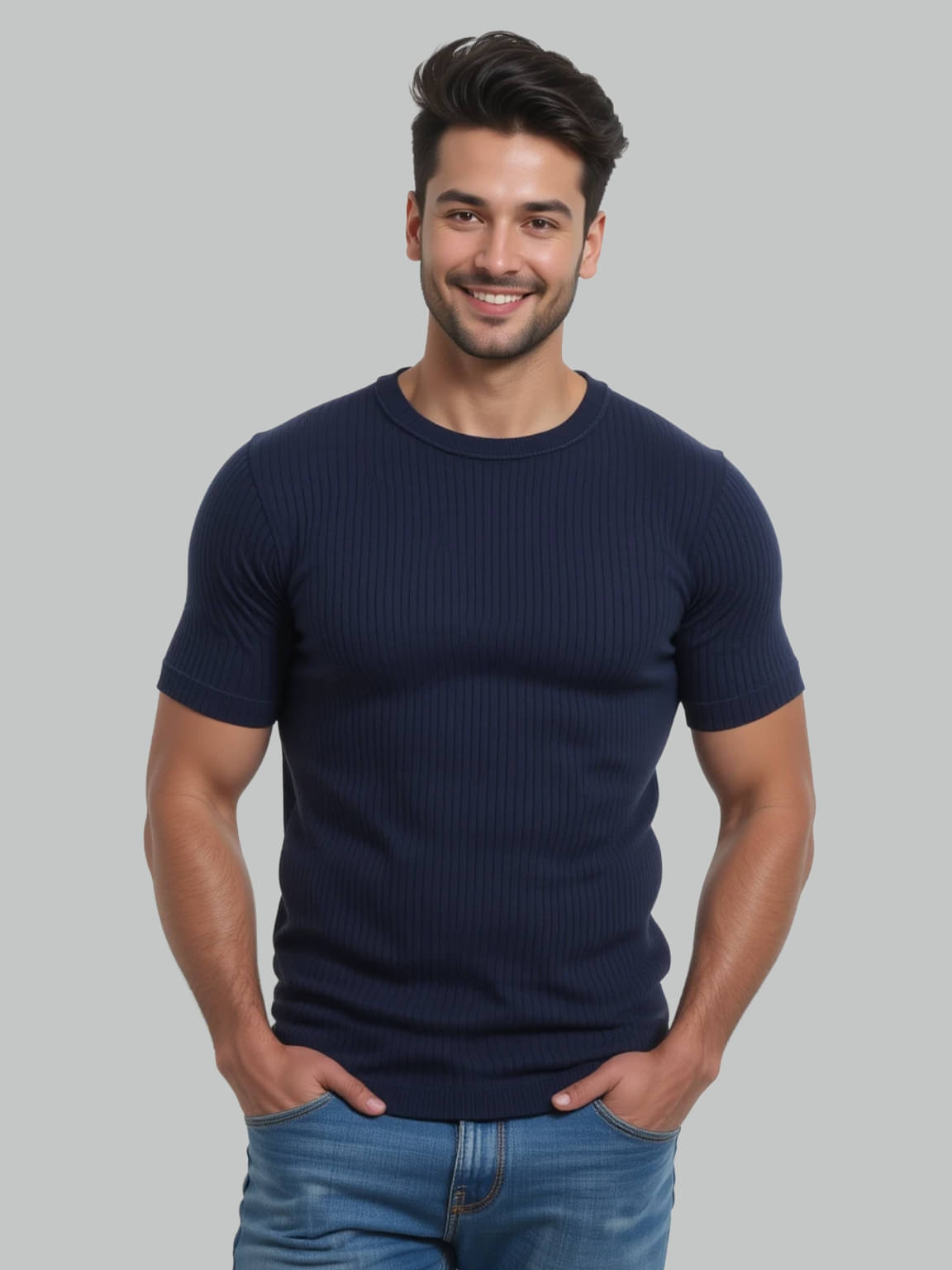     			fashion and youth Men Cotton Blend Regular Fit Solid T-Shirt ( Navy Blue )