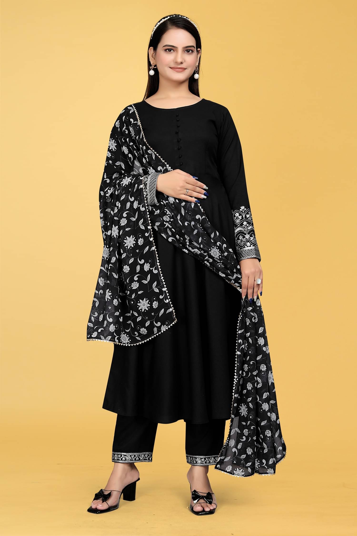     			A TO Z CART Women Rayon Solid Anarkali Kurti With Pants ( Black )