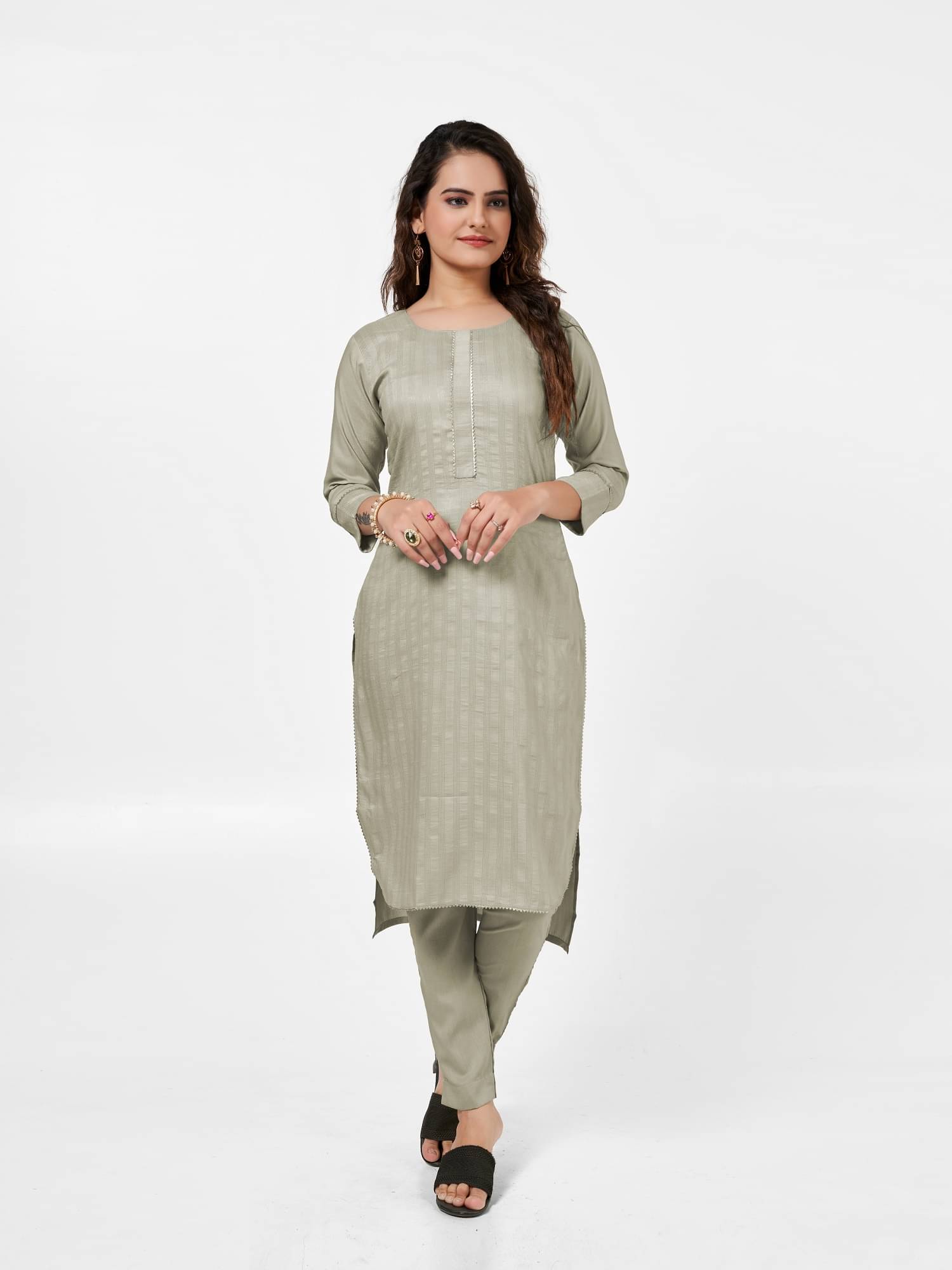 Apnisha Women's Cotton Blend Striped Kurti With Pants ( Grey ) Apnisha Women's Cotton Blend Striped Kurti With Pants ( Grey )