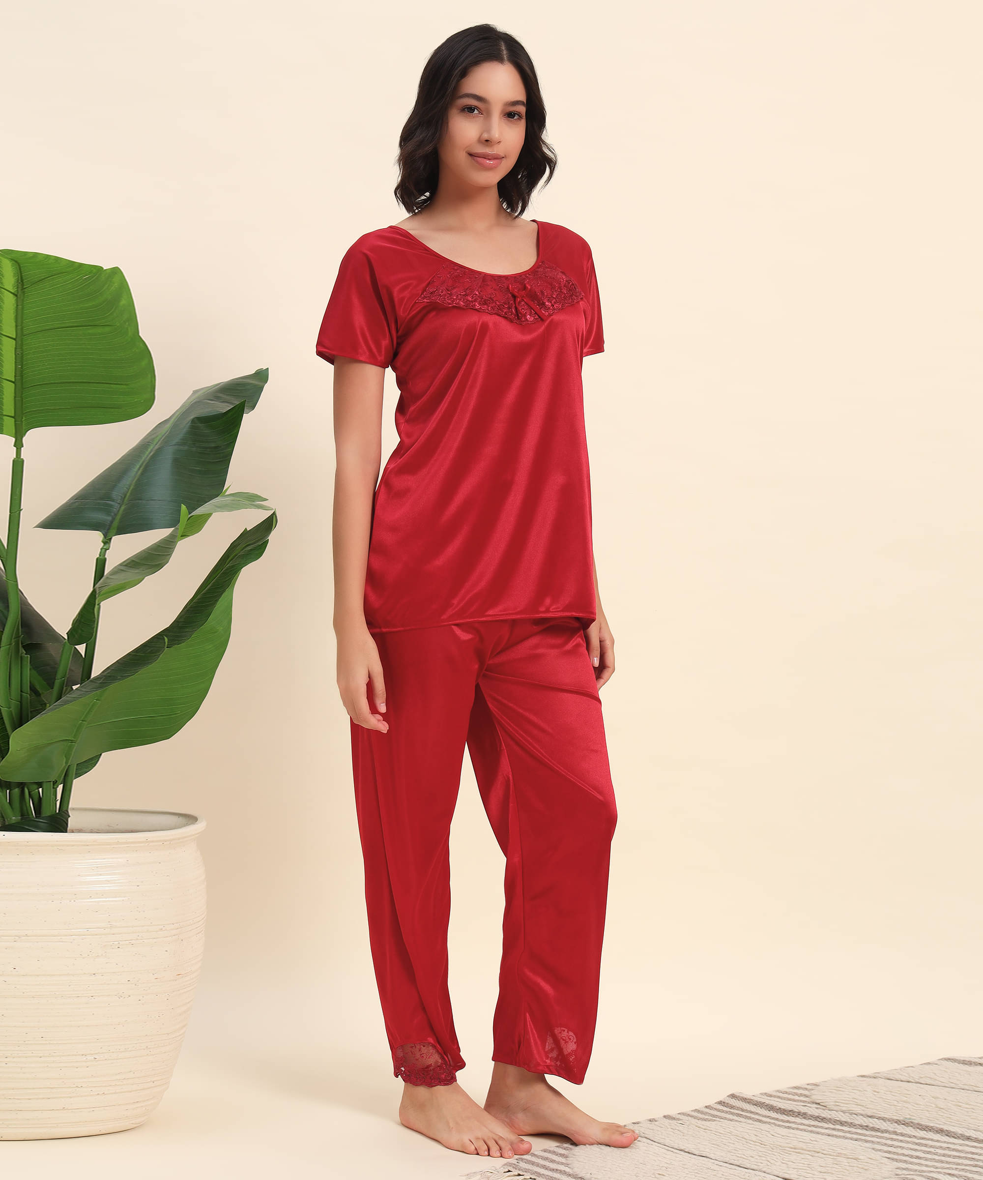     			Canblar Red Satin Women's Nightwear Nightsuit Sets ( Pack of 1 )