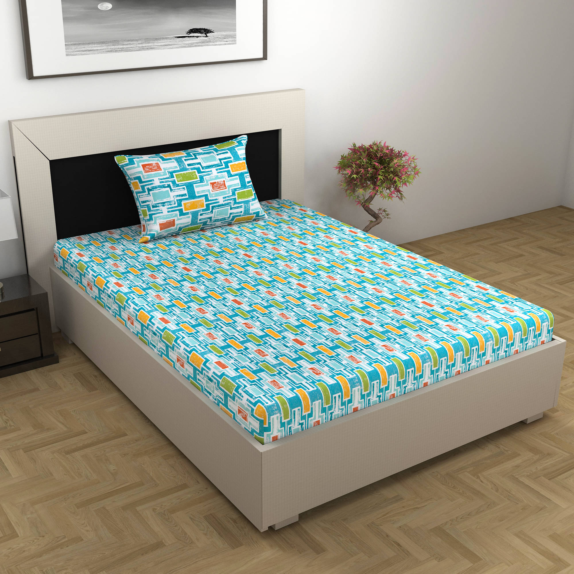     			DIVINE CASA Poly Cotton 1 Single Bedsheet with 1 Pillow Cover ( Blue )
