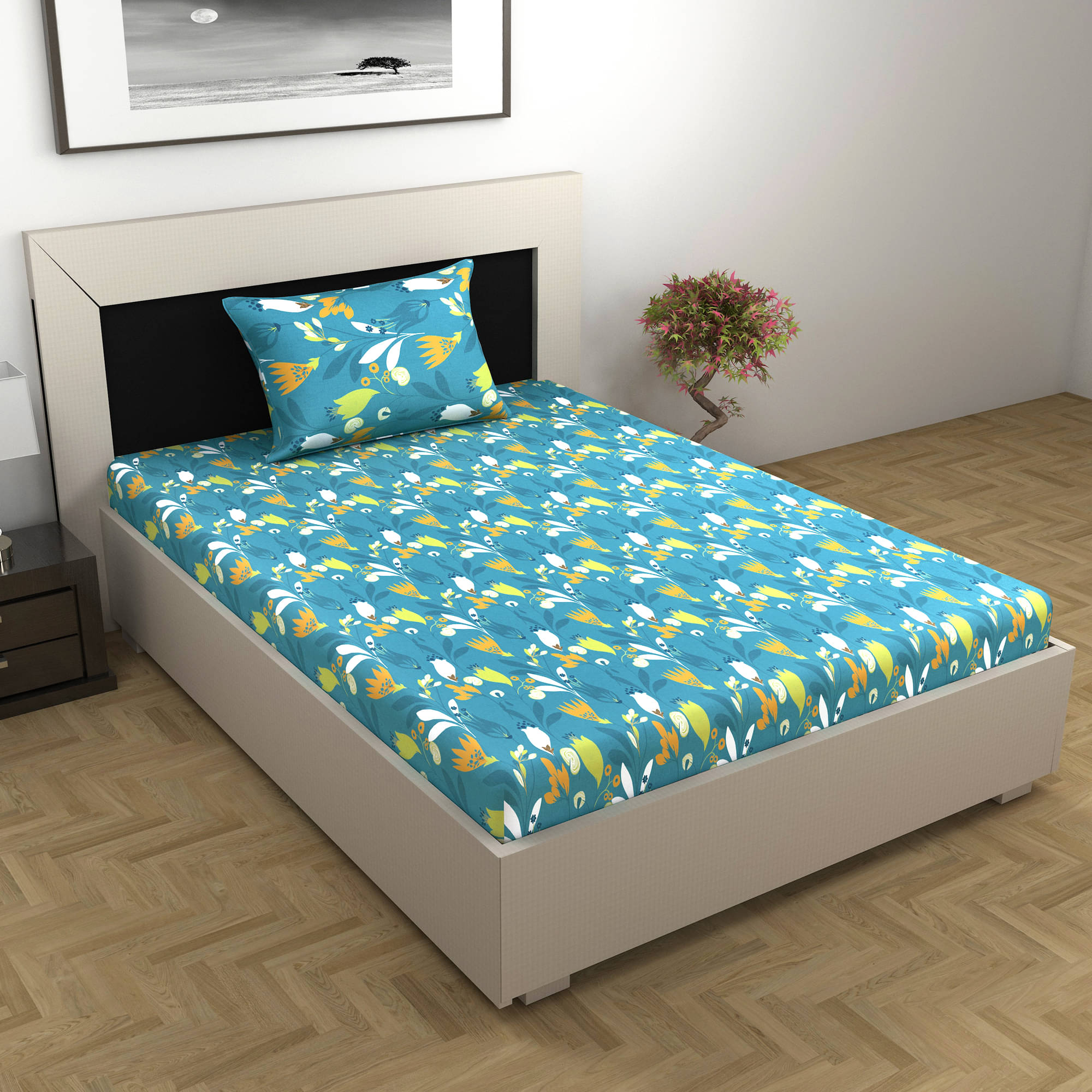     			DIVINE CASA Poly Cotton 1 Single Bedsheet with 1 Pillow Cover ( Turquoise )