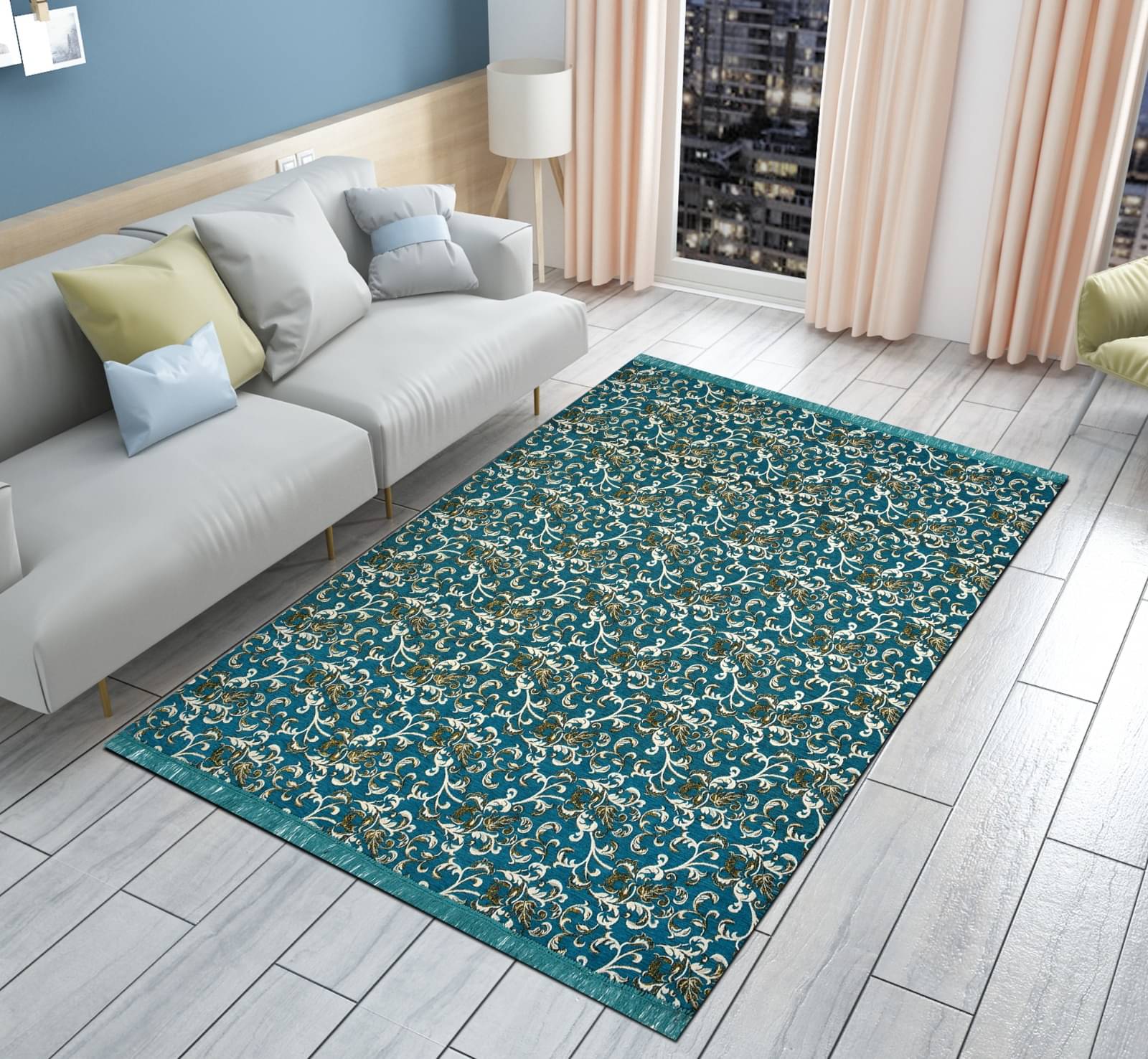     			FURNISHING HUT Aqua Velvet Dhurrie Carpet Embroidery 5x7 Ft