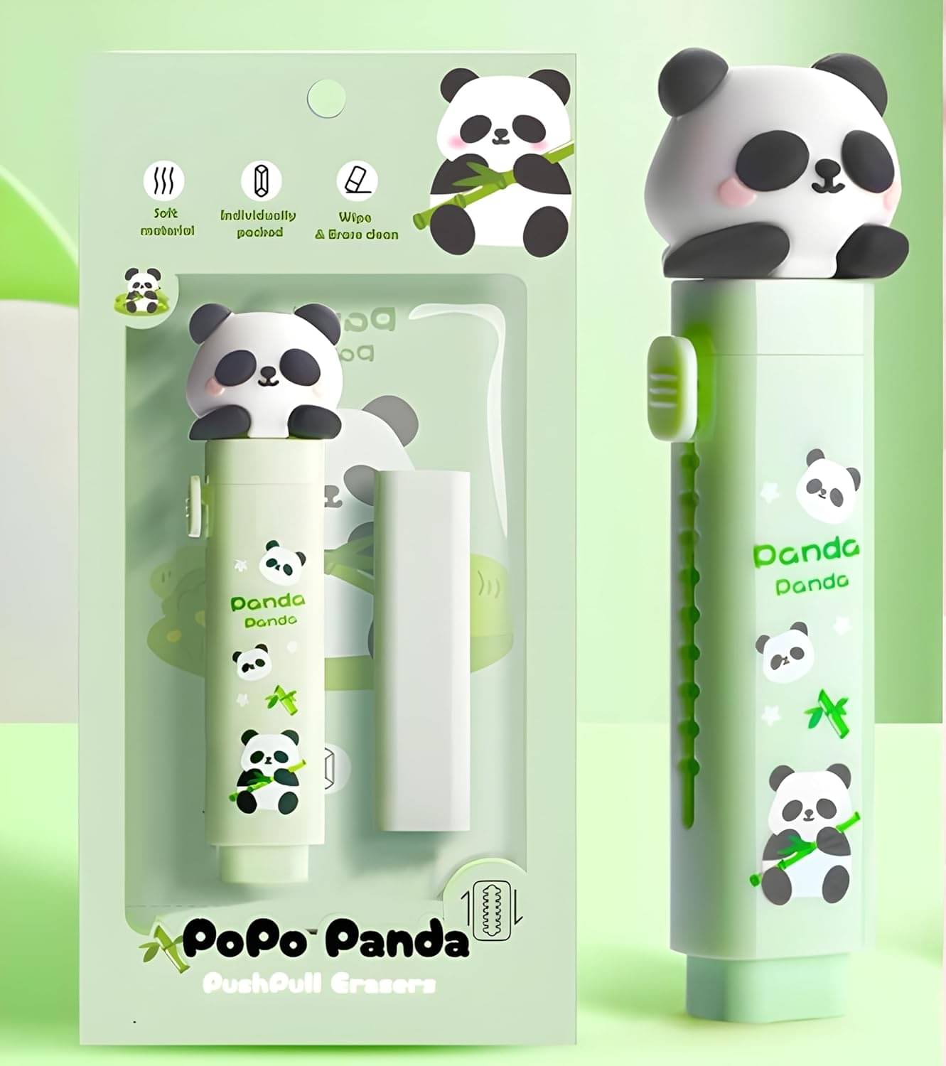     			Inkwell Panda Theme Pencil Eraser for Girls and Boys, Fancy Erasers for Kids, Cute Retractable Erasers with Protective Case, Stylish Eraser for School Students, Big Eraser (Pack of 1, Green)