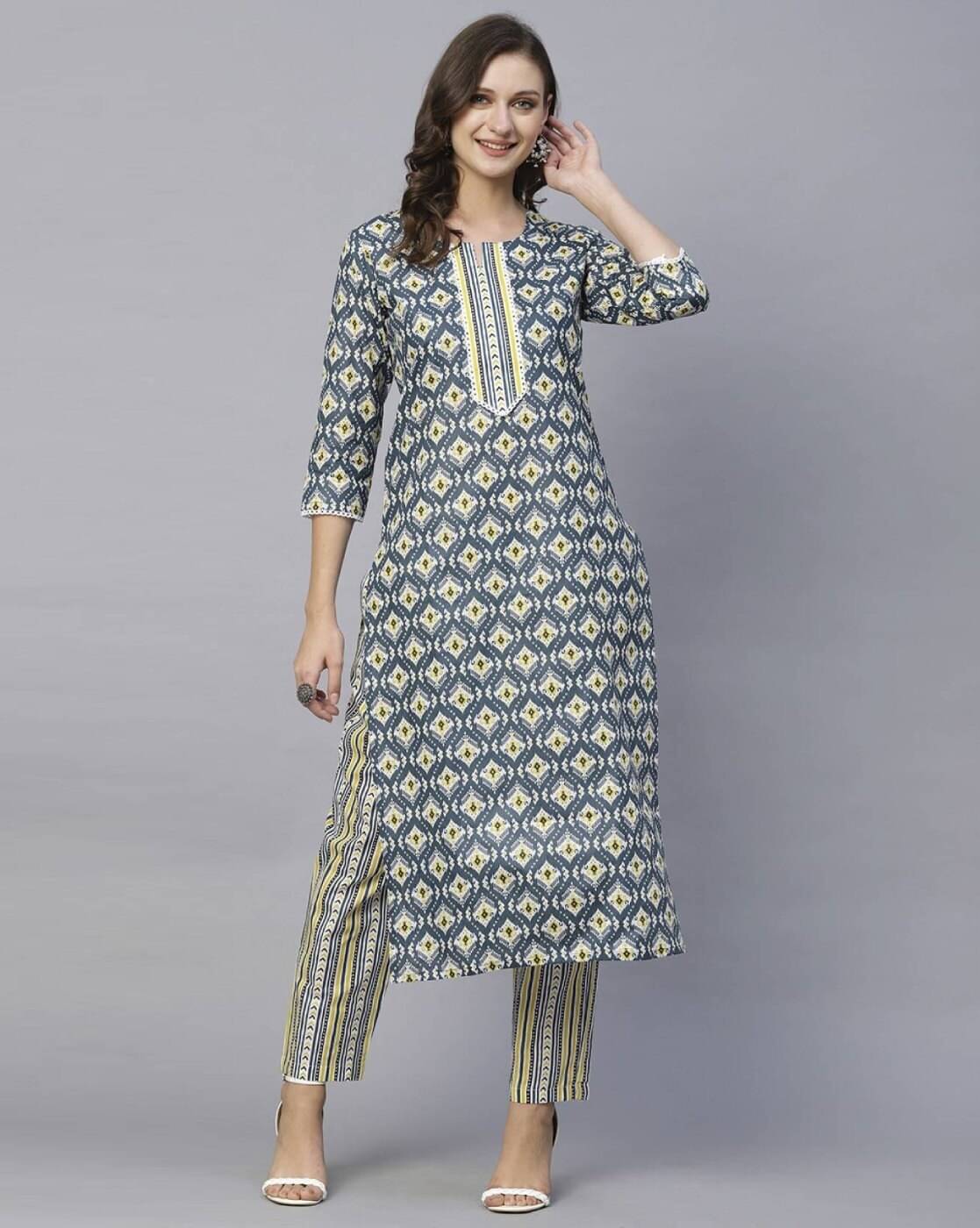 JULEE Women's Cotton Blend Printed Kurti With Pants ( Teal )     			JULEE Women's Cotton Blend Printed Kurti With Pants ( Teal )