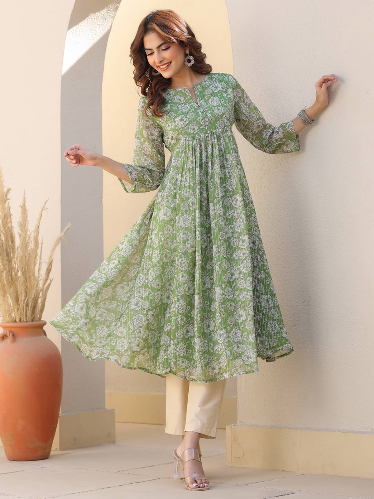     			Janasya Women's Chiffon Printed A-line Kurti - ( Green )