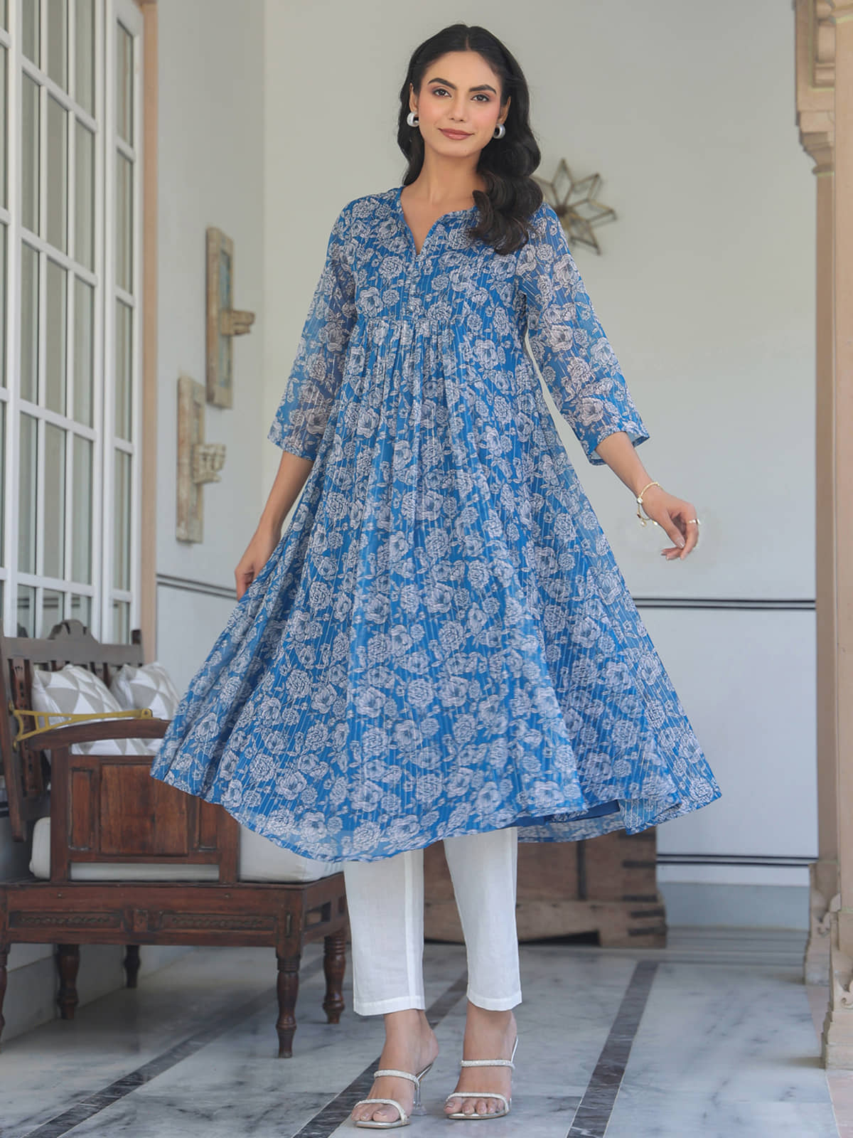 Janasya Women's Chiffon Printed A-line Kurti - ( Blue ) - Kurtis, Tunics | Buy online on ZillyBuy