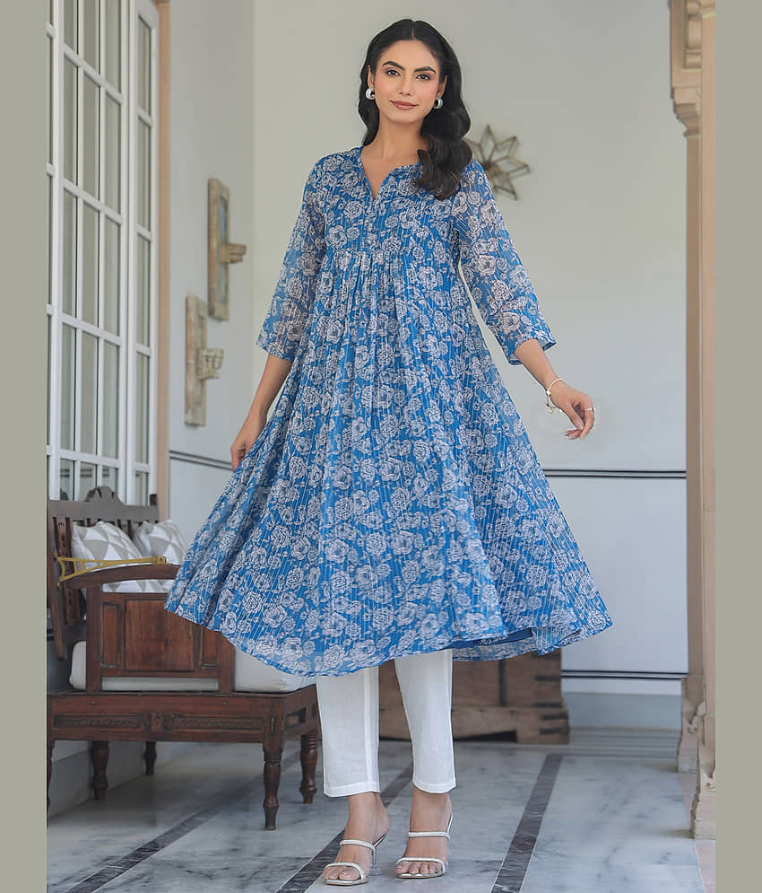 Janasya Women's Chiffon Printed A-line Kurti - ( Blue ) - Kurtis, Tunics | Buy online on ZillyBuy