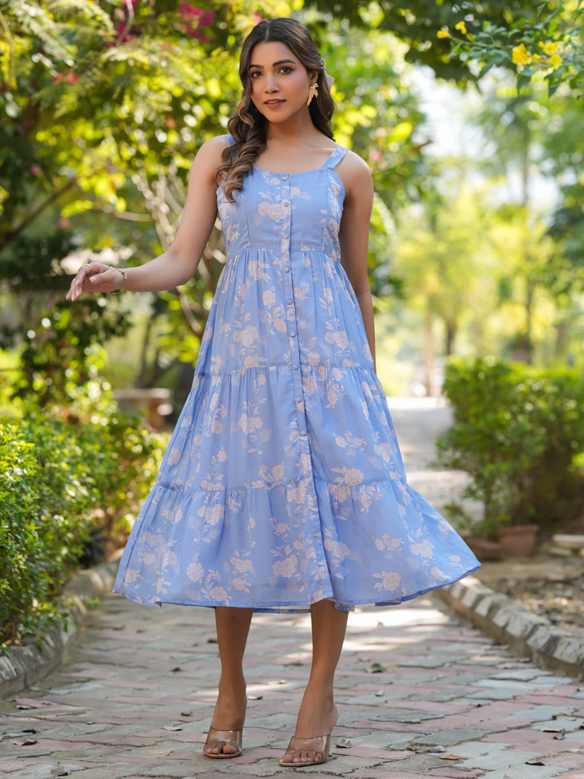 Janasya Women's Georgette Printed Fit & Flare Dress ( Light Blue ) Janasya Women's Georgette Printed Fit & Flare Dress ( Light Blue )