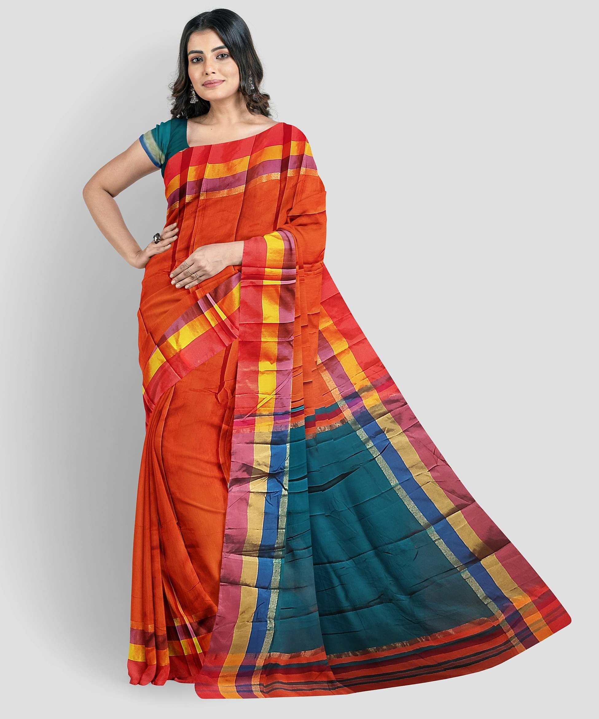 KAMANA TEXTILE QUALITY FASHION Cotton Silk Solid Saree With Unstitched Blouse Piece ( Orange,Teal ) KAMANA TEXTILE QUALITY FASHION Cotton Silk Solid Saree With Unstitched Blouse Piece ( Orange,Teal )
