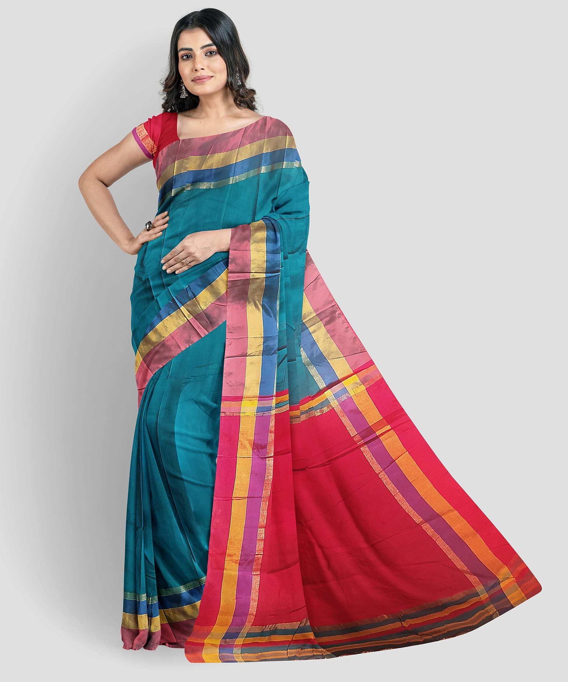 KAMANA TEXTILE QUALITY FASHION Cotton Silk Solid Saree With Unstitched Blouse Piece ( Teal,Red ) KAMANA TEXTILE QUALITY FASHION Cotton Silk Solid Saree With Unstitched Blouse Piece ( Teal,Red )