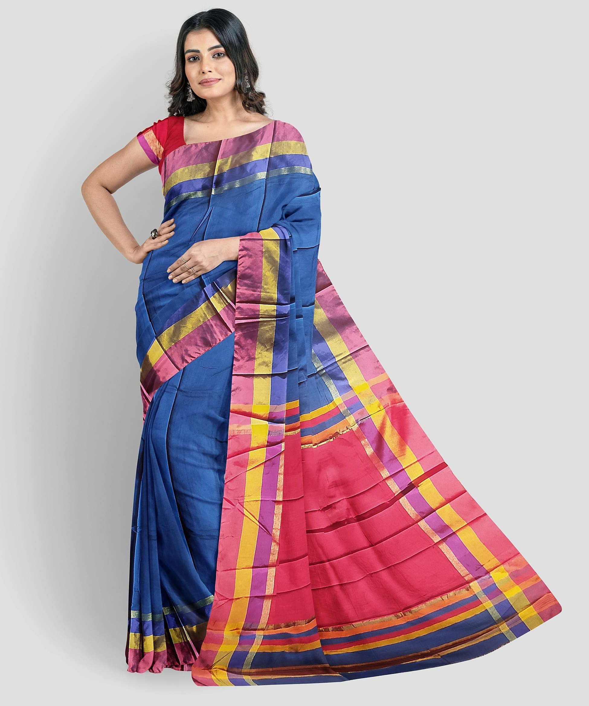     			KAMANA TEXTILE QUALITY FASHION Cotton Silk Solid Saree With Unstitched Blouse Piece ( SkyBlue,Red )