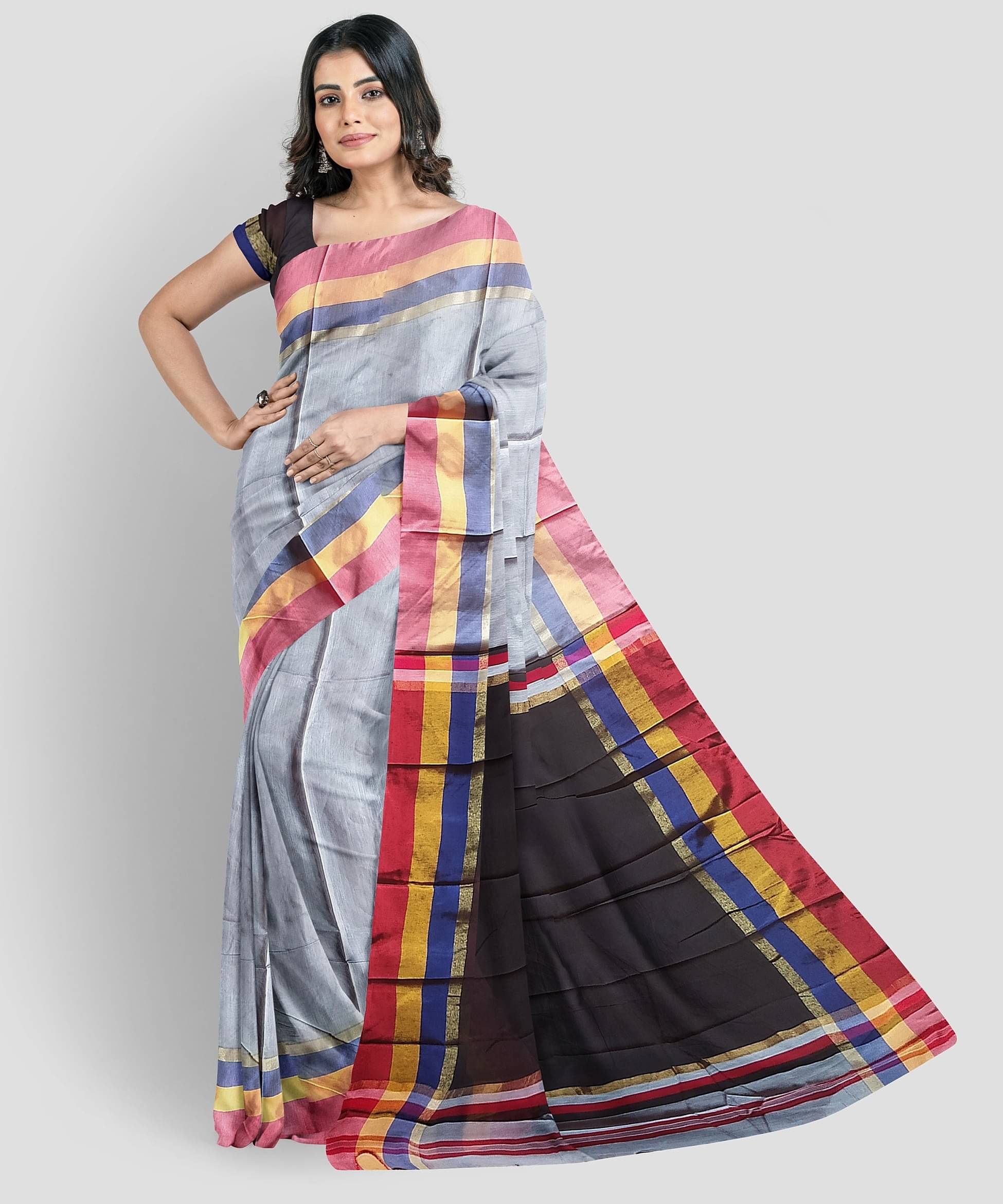     			KAMANA TEXTILE QUALITY FASHION Cotton Silk Solid Saree With Unstitched Blouse Piece ( White,Black )