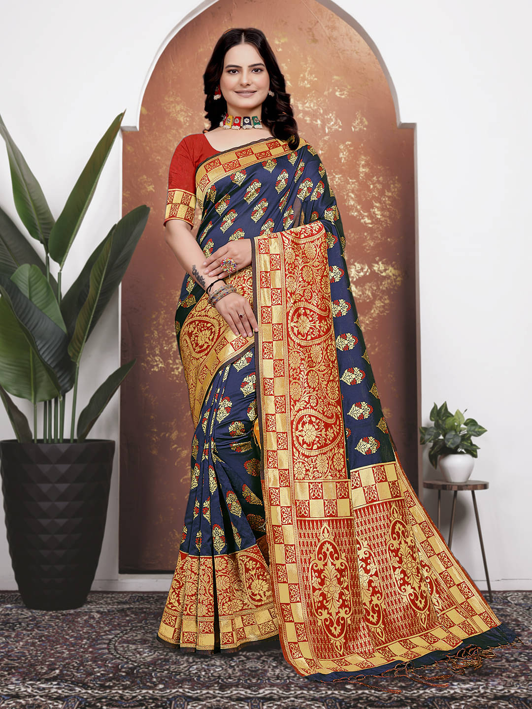     			Kanooda Prints Banarasi Silk Embellished Saree With Unstitched Blouse Piece ( Navy Blue )