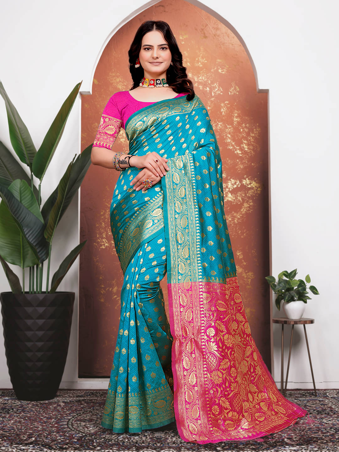 Kanooda Prints Banarasi Silk Embellished Saree With Unstitched Blouse Piece ( Blue ) Kanooda Prints Banarasi Silk Embellished Saree With Unstitched Blouse Piece ( Blue )