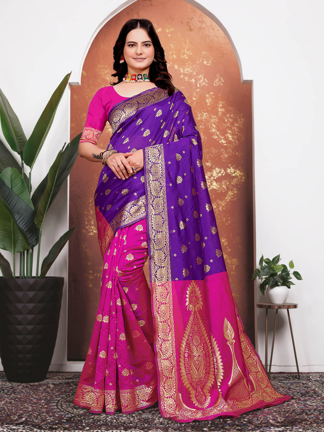 Kanooda Prints Banarasi Silk Woven Saree With Unstitched Blouse Piece ( Pink ) - Sarees | Buy online on ZillyBuy