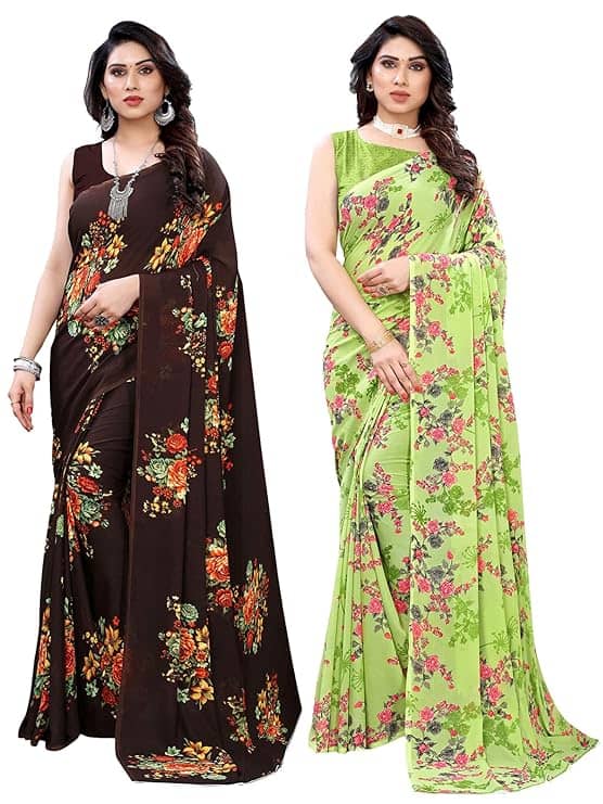 Kanooda Prints Georgette Printed Saree With Unstitched Blouse Piece ( Multicolor 6 ) - Sarees | Buy online on ZillyBuy
