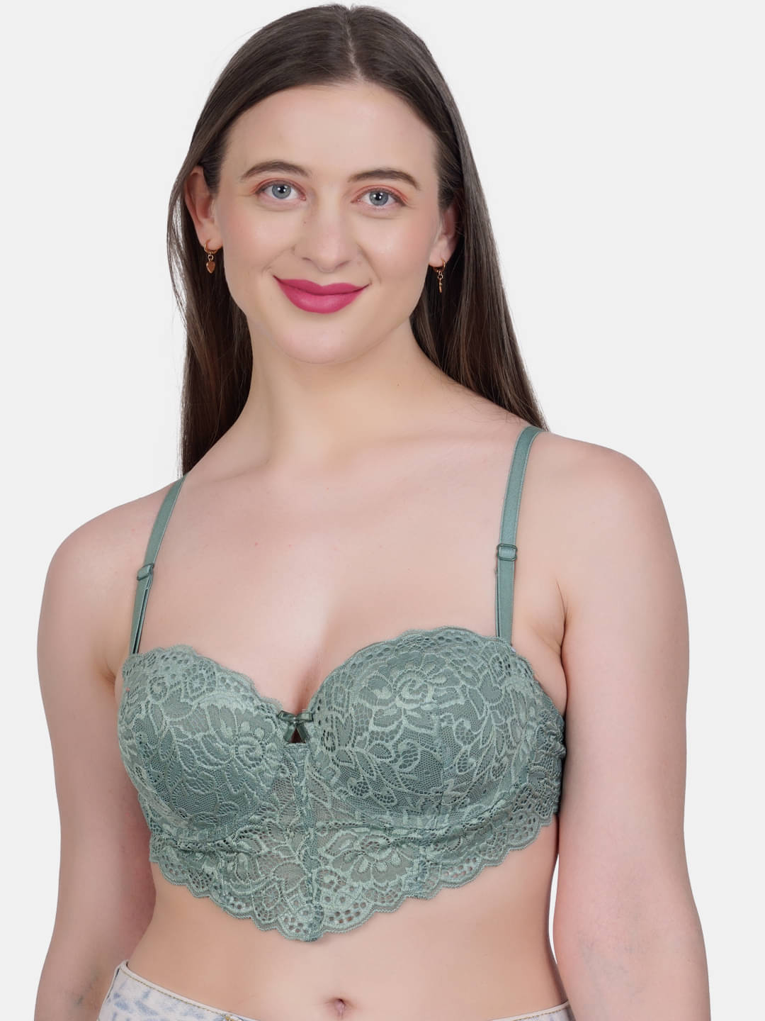 LACYLUXE Pack of 1 Lace Lightly Padded Bralette Bra For Women ( Green )     			LACYLUXE Pack of 1 Lace Lightly Padded Bralette Bra For Women ( Green )