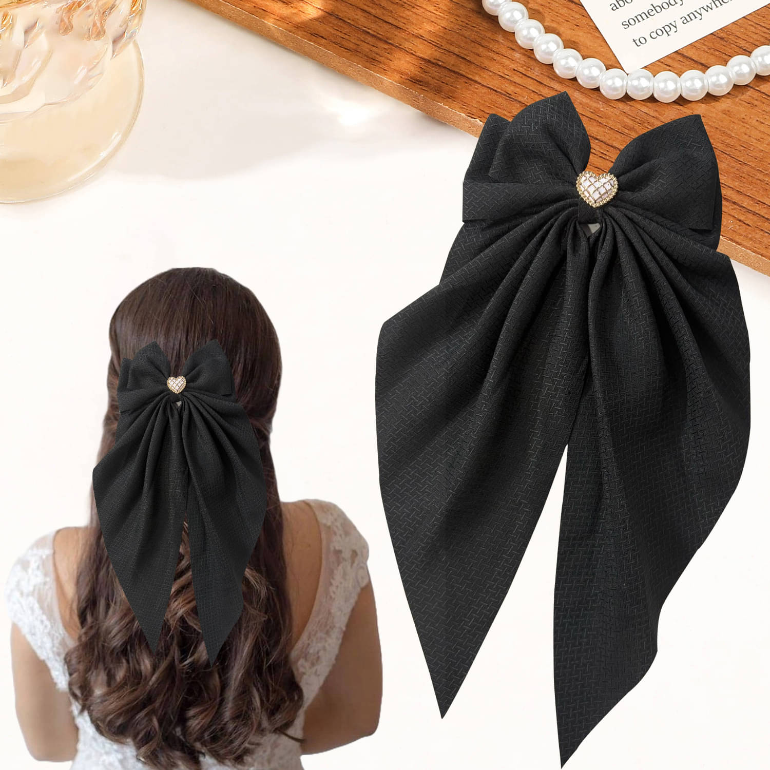     			Hair Big Ribbon Layered Bows Clips-1Pc (Black)