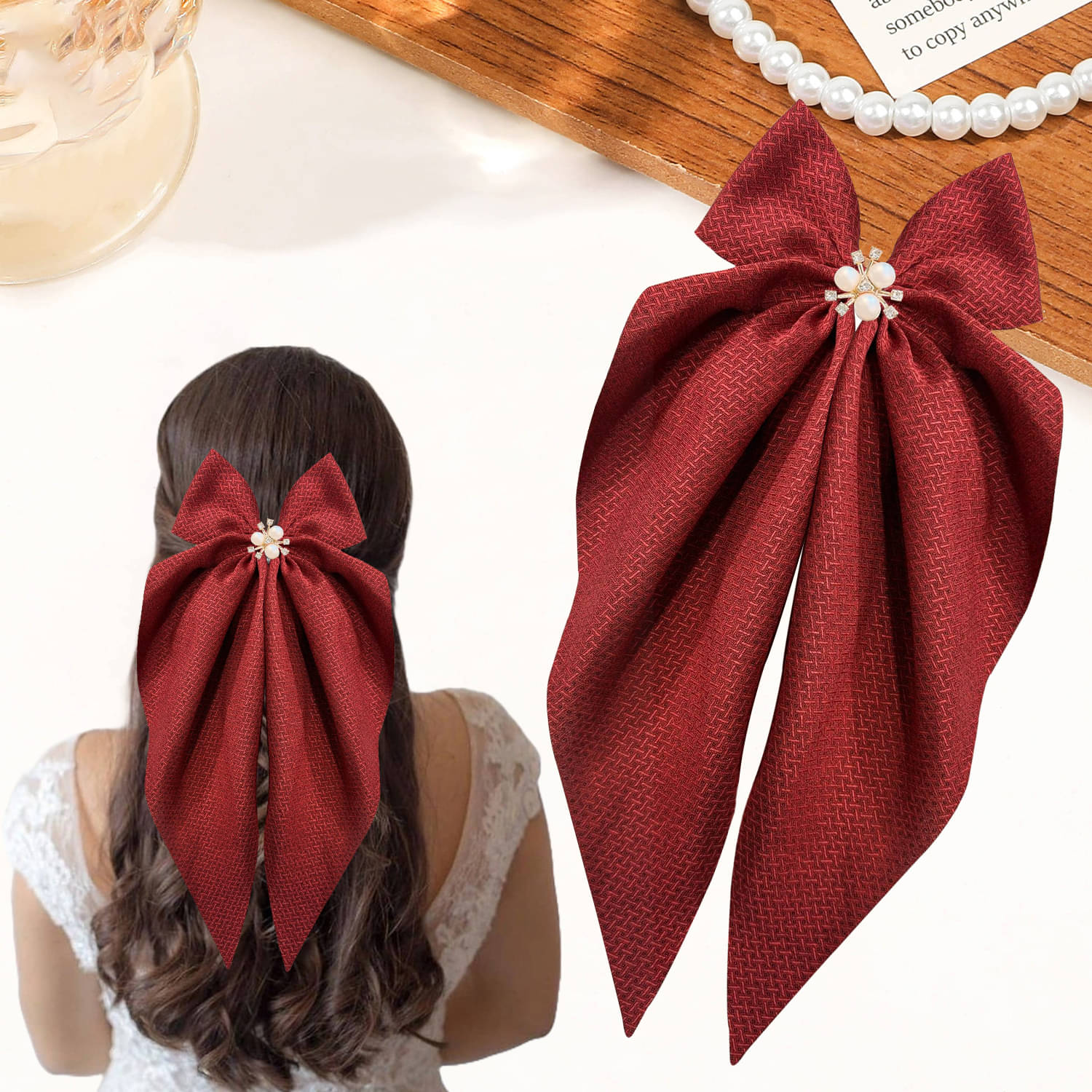     			Hair Big Ribbon Layered Bows Clips-1Pc (Red)