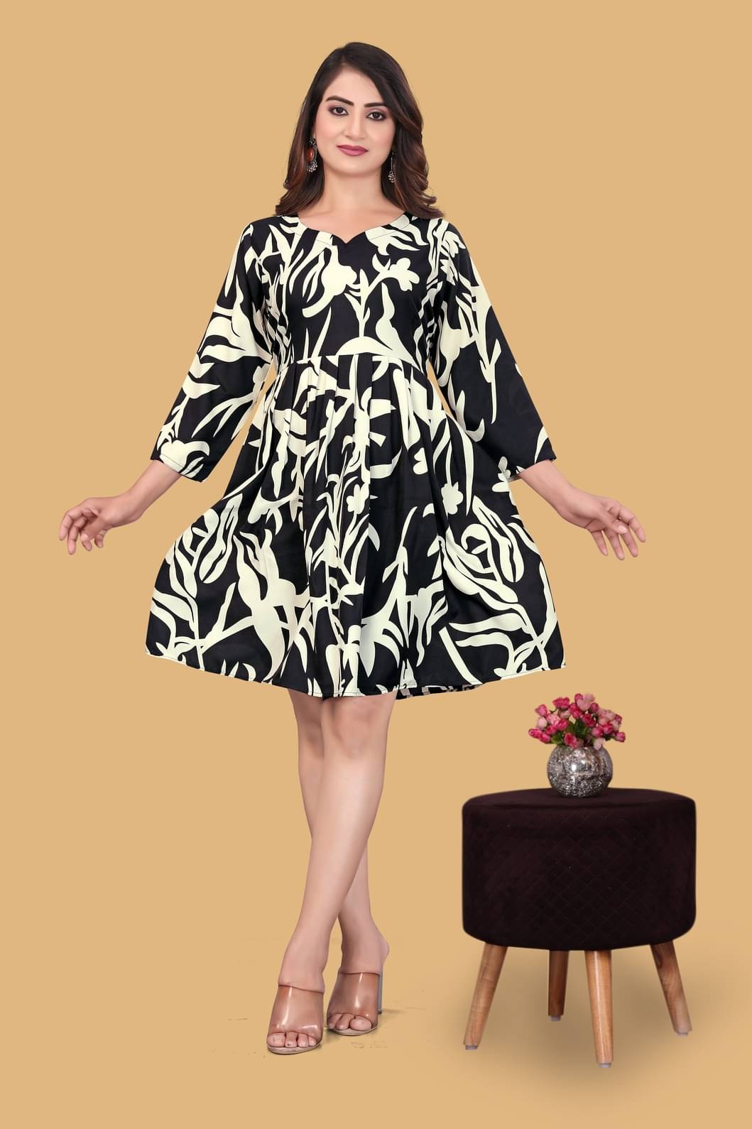     			MEHUL TEXTILE / MVC GROUP OF COMPANY Women's Rayon Printed Fit & Flare Dress ( Black )