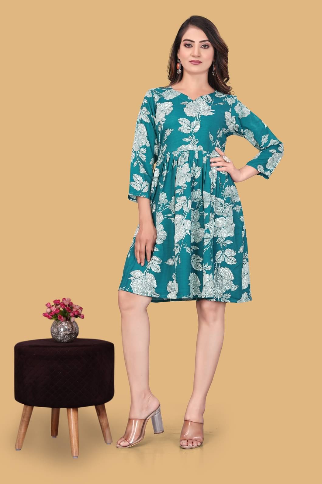 MEHUL TEXTILE / MVC GROUP OF COMPANY Women's Rayon Printed A-line Dress ( Blue ) MEHUL TEXTILE / MVC GROUP OF COMPANY Women's Rayon Printed A-line Dress ( Blue )