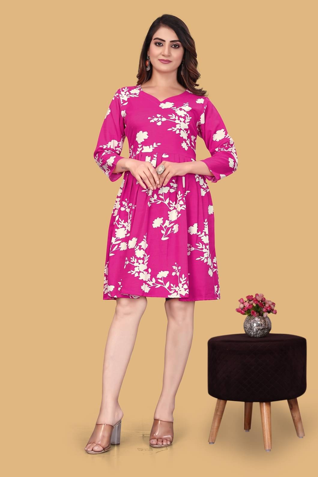 MEHUL TEXTILE / MVC GROUP OF COMPANY Women's Rayon Printed A-line Dress ( Fluorescent Pink ) MEHUL TEXTILE / MVC GROUP OF COMPANY Women's Rayon Printed A-line Dress ( Fluorescent Pink )