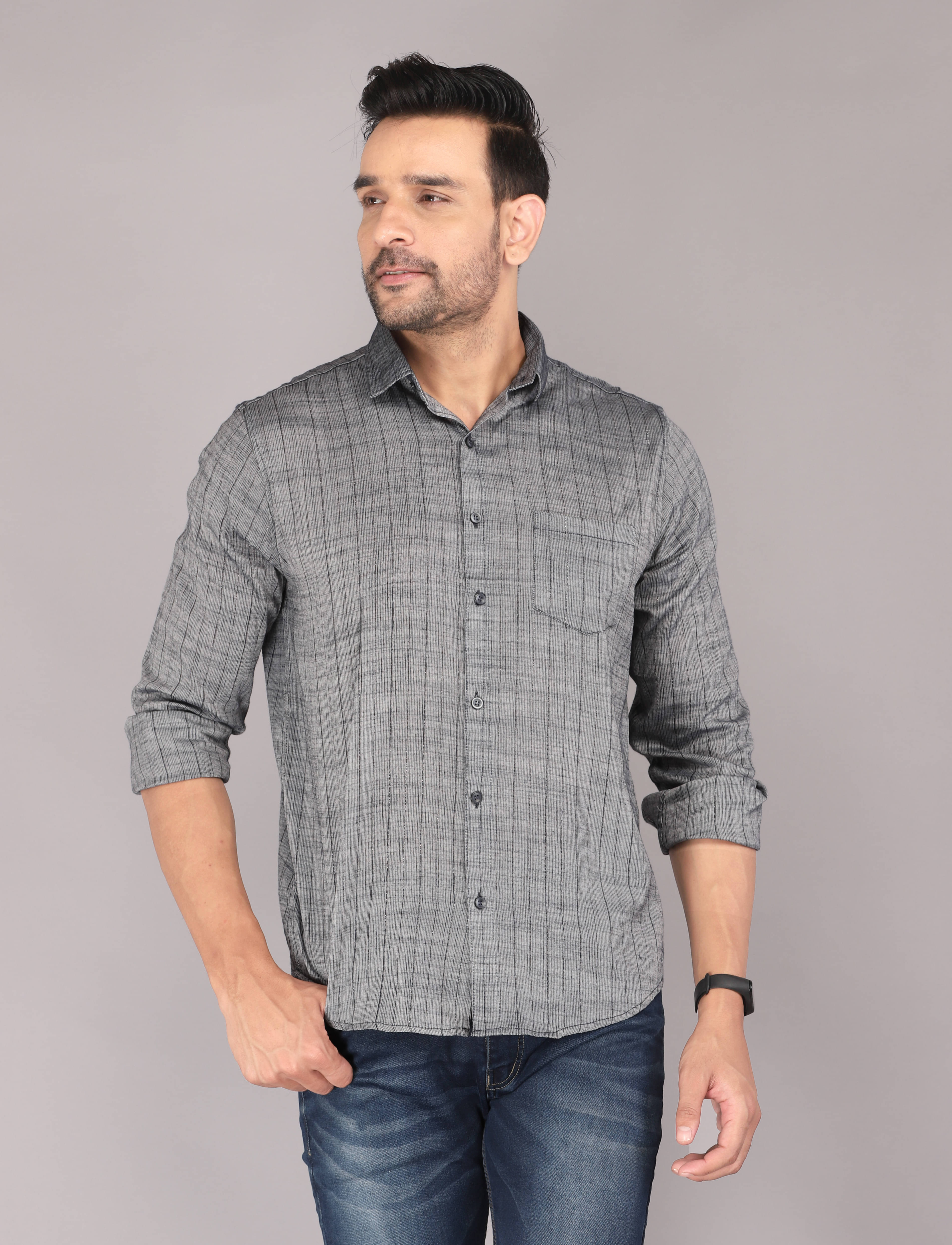     			Mehsoos 100% Cotton Regular Fit Striped Full Sleeves Men's Casual Shirt - Grey ( Pack of 1 )