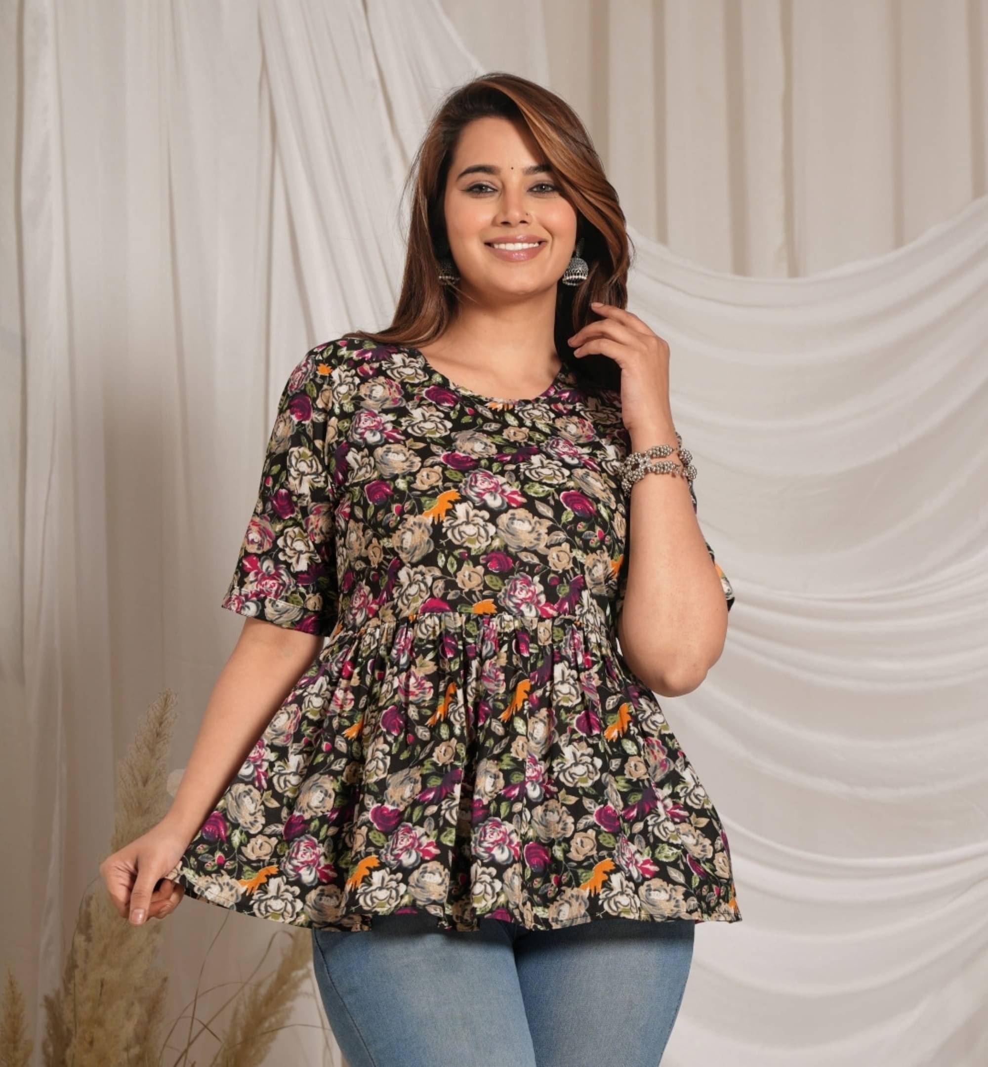     			Mehsoos Women's Cotton Printed A-line Kurti - ( Black )