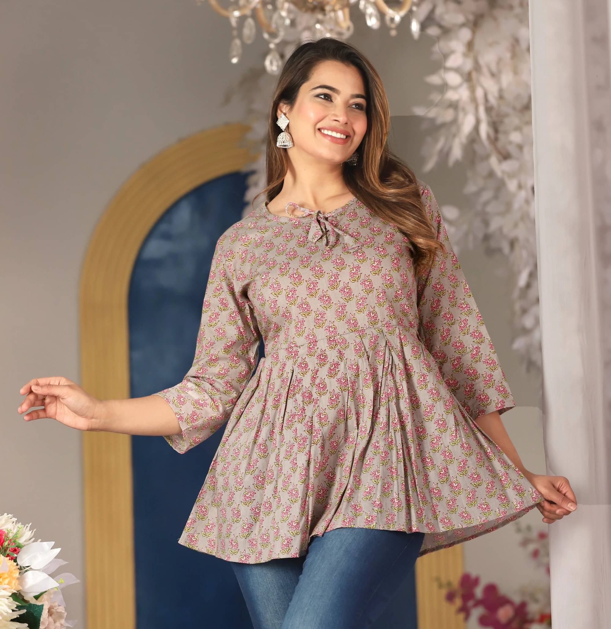 Mehsoos Women's Cotton Printed A-line Kurti - ( Grey ) Mehsoos Women's Cotton Printed A-line Kurti - ( Grey )
