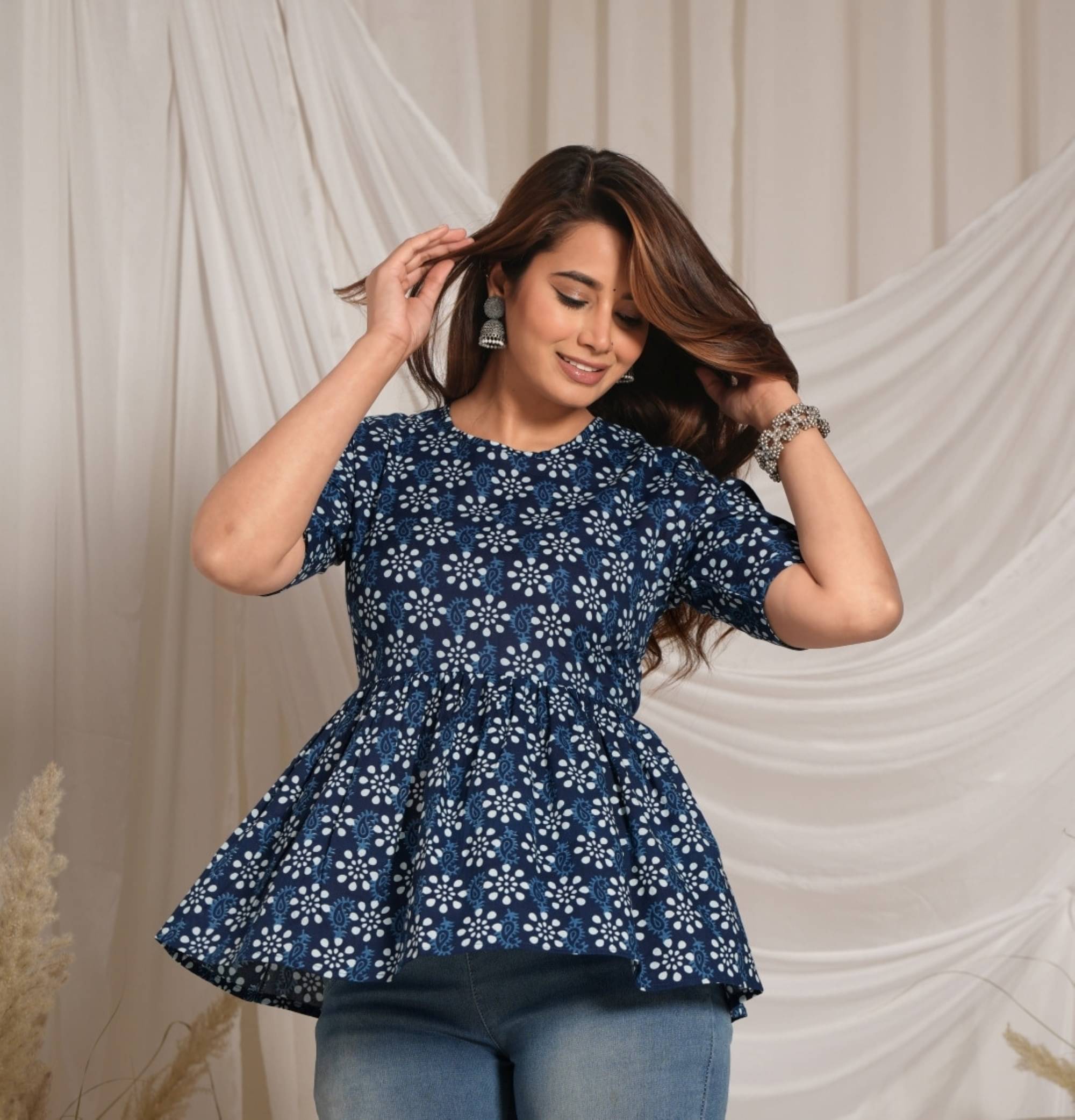 Mehsoos Women's Cotton Printed Flared Kurti - ( Blue ) Mehsoos Women's Cotton Printed Flared Kurti - ( Blue )