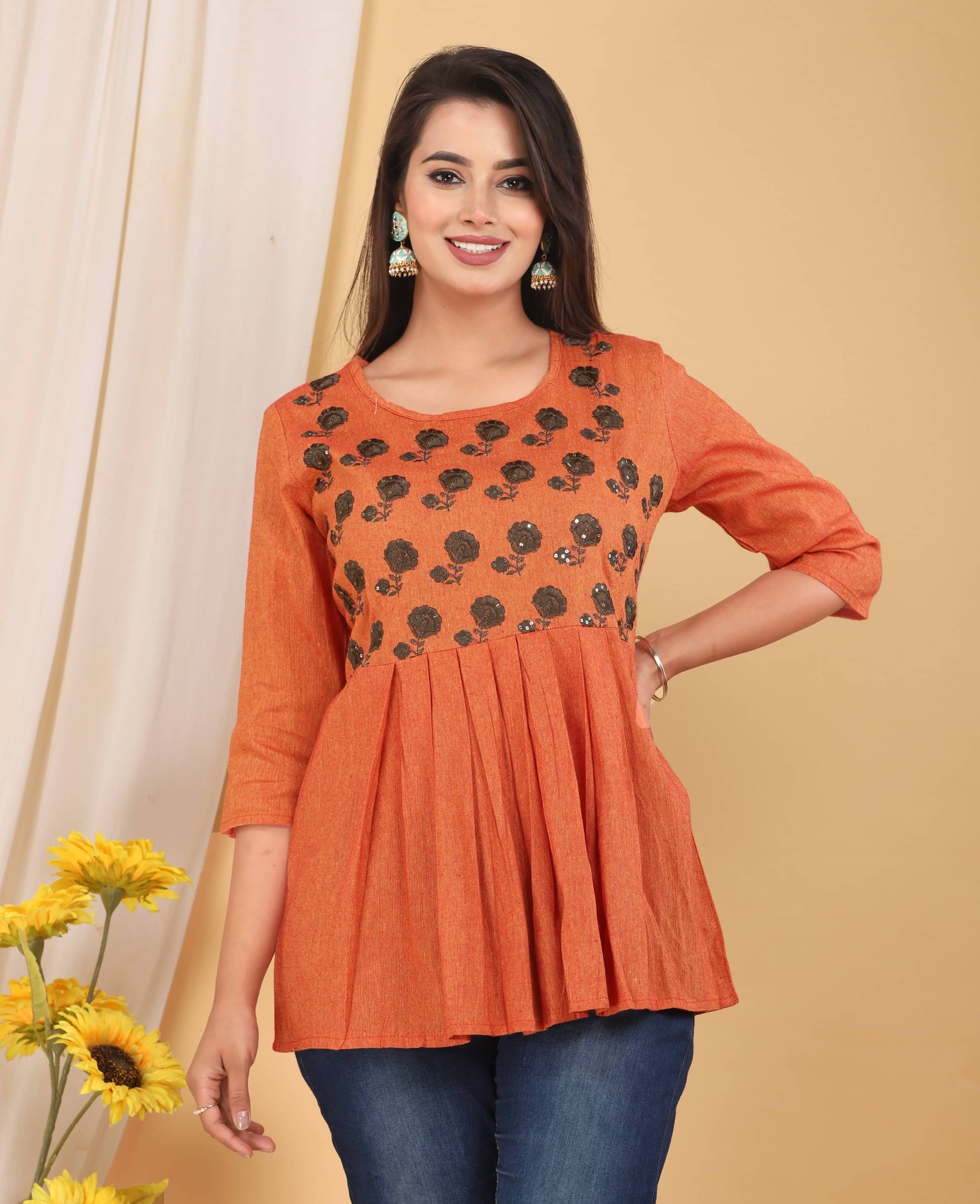 Mehsoos Women's Cotton Printed Flared Kurti - ( Orange ) Mehsoos Women's Cotton Printed Flared Kurti - ( Orange )