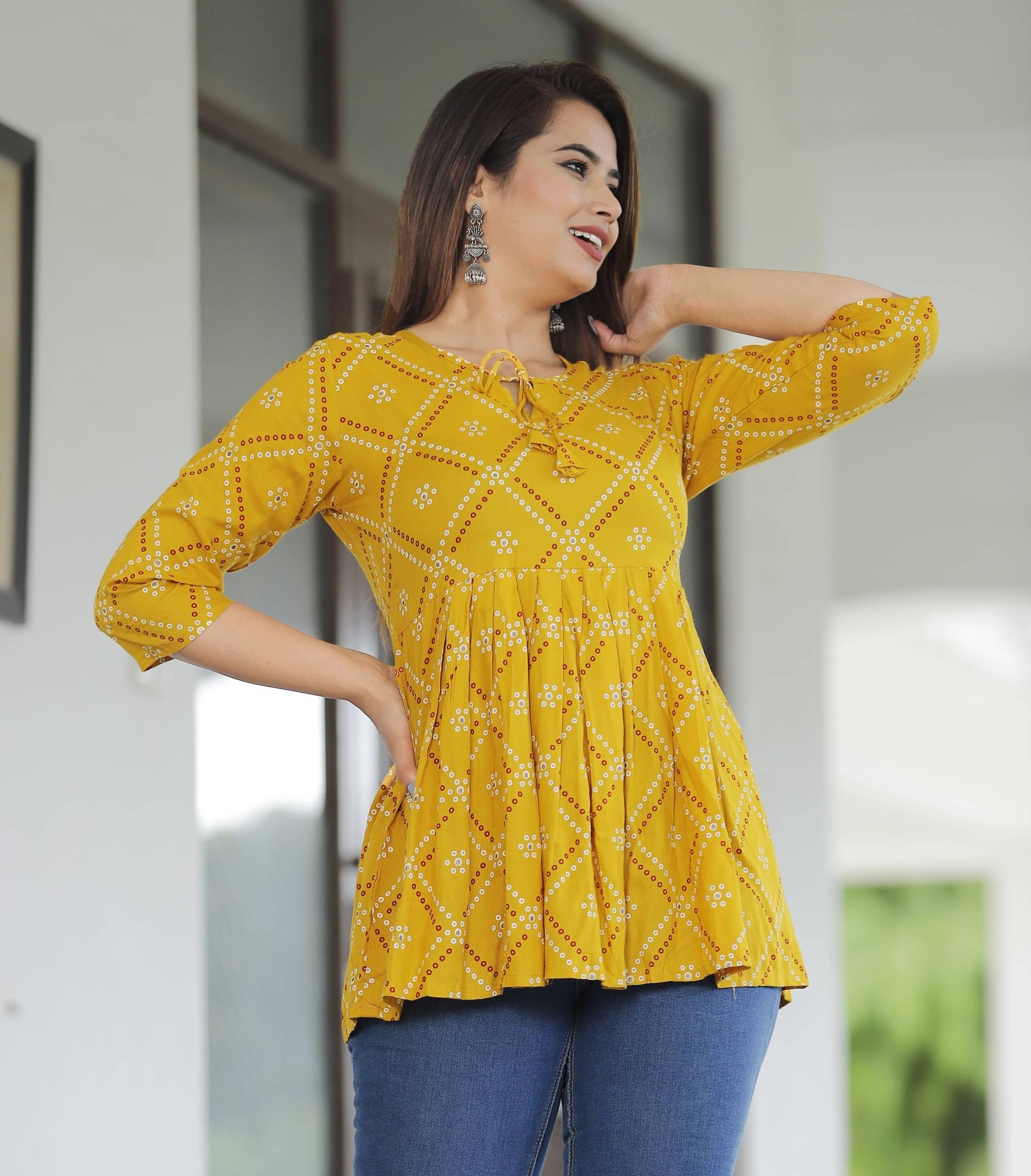Mehsoos Women's Viscose Rayon Printed A-line Kurti - ( Yellow ) Mehsoos Women's Viscose Rayon Printed A-line Kurti - ( Yellow )