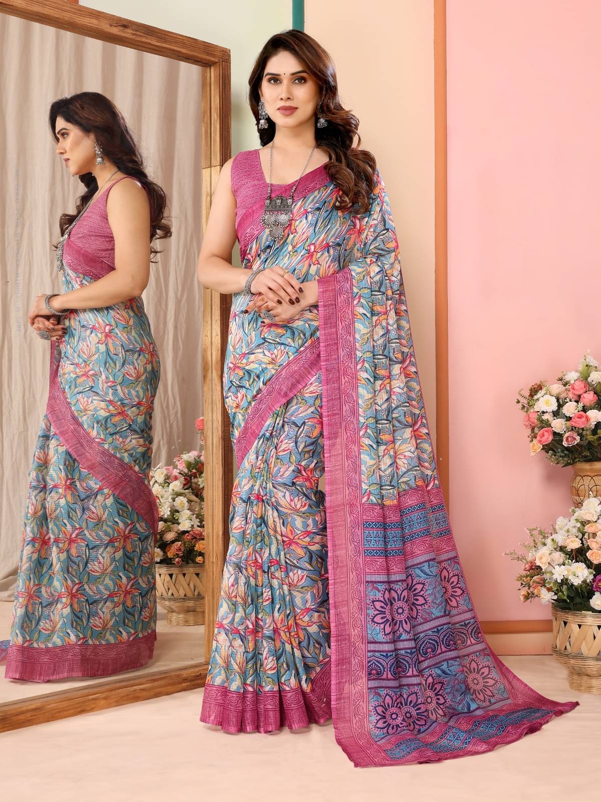     			PEER STORE Cotton Printed Saree With Unstitched Blouse Piece ( Pink )