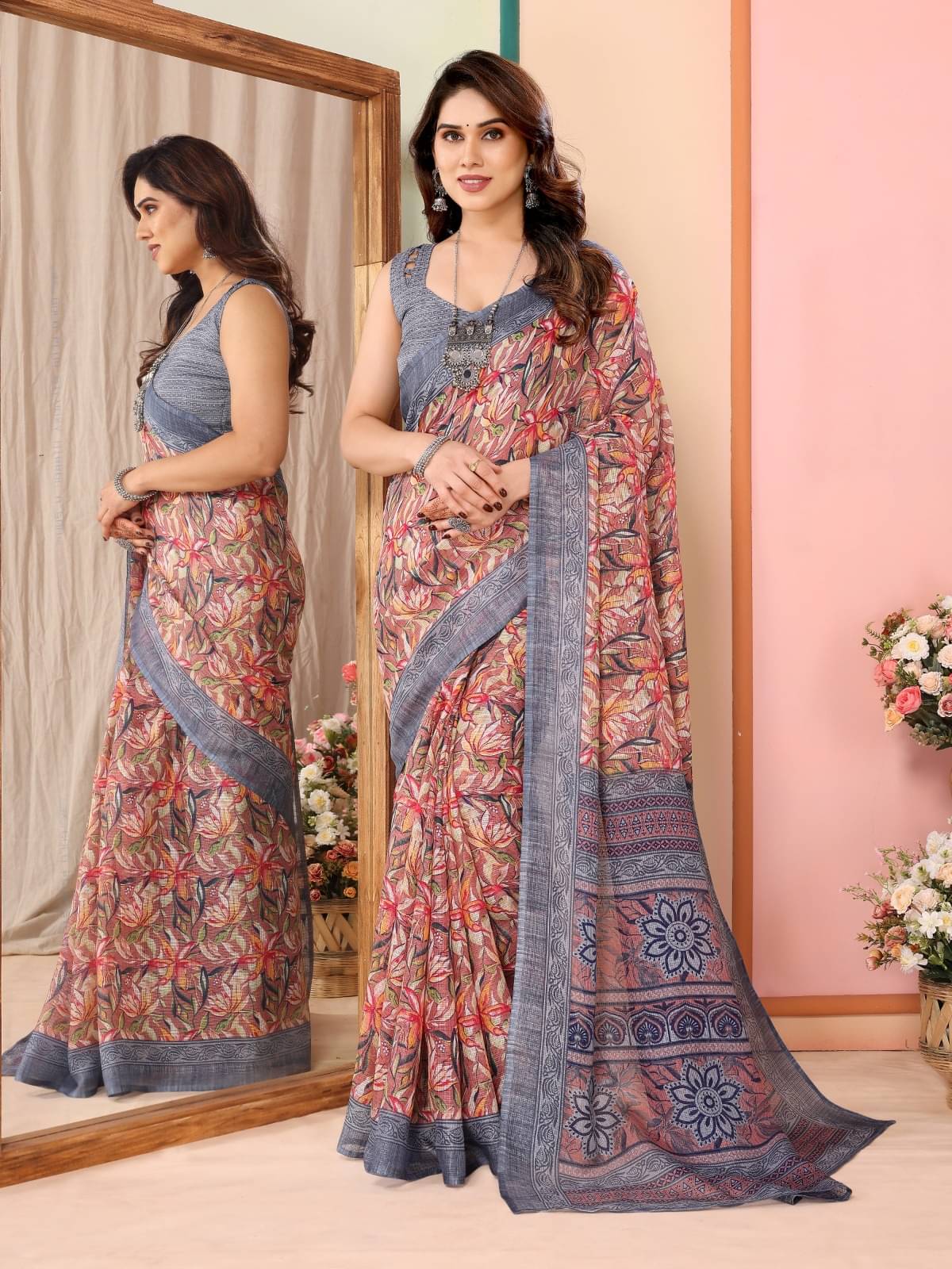 PEER STORE Cotton Printed Saree With Unstitched Blouse Piece ( Grey ) PEER STORE Cotton Printed Saree With Unstitched Blouse Piece ( Grey )