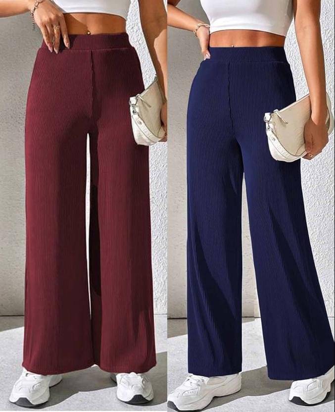     			Qyaas Pack of 2 Lycra Straight Women's Formal Pants ( Maroon,Navy Blue )