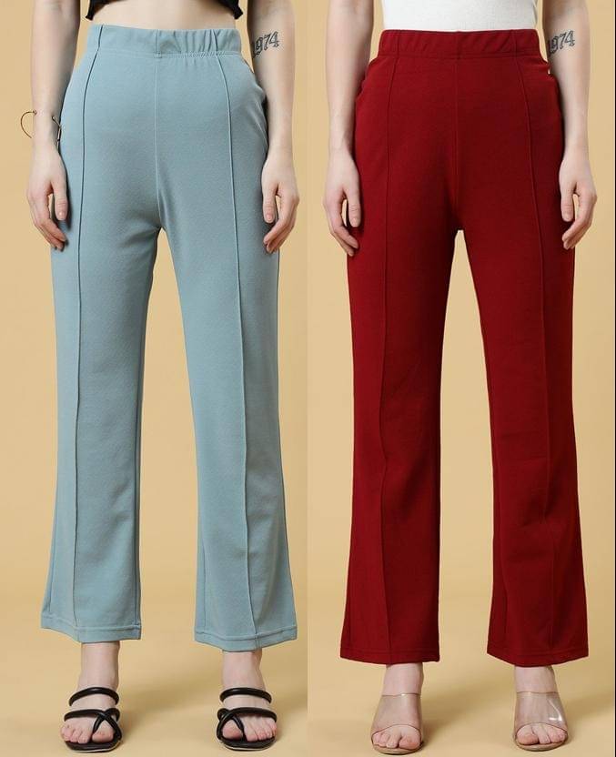     			Qyaas Pack of 2 Lycra Straight Women's Formal Pants ( Green,Maroon )