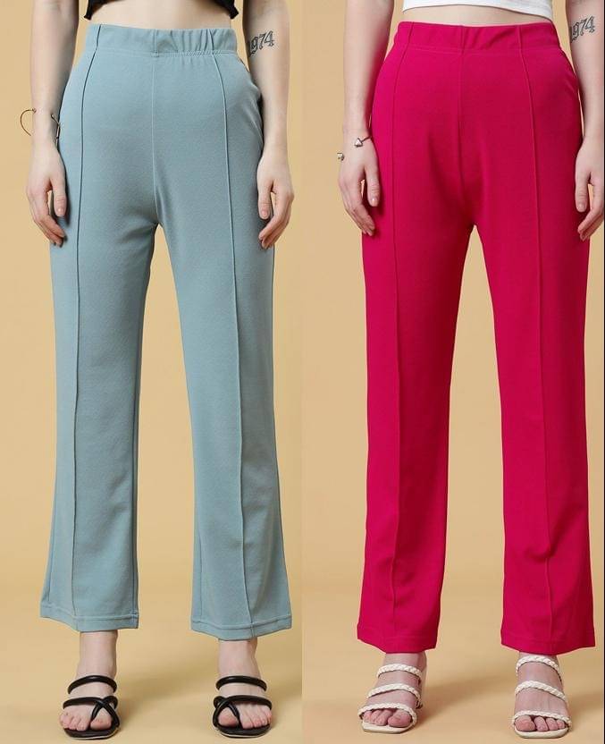     			Qyaas Pack of 2 Lycra Straight Women's Formal Pants ( Green,Pink )