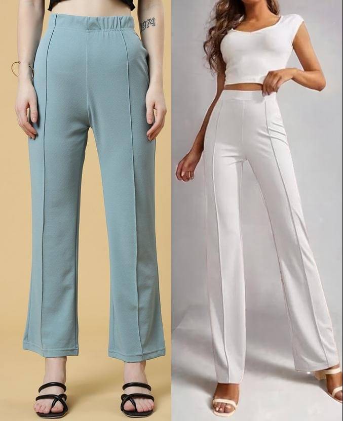     			Qyaas Pack of 2 Lycra Straight Women's Formal Pants ( Green,White )