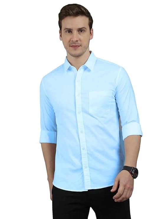    			Reoutlook Cotton Blend Regular Fit Solids Full Sleeves Men's Casual Shirt - Light Blue ( Pack of 1 )