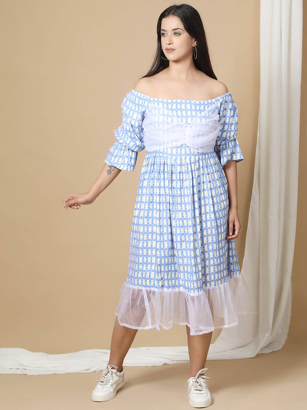    			Ridaa Women's Crepe Printed A-line Dress ( Blue )