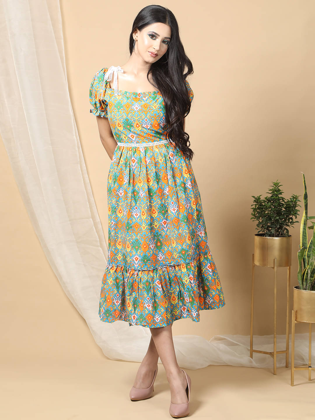     			Ridaa Women's Crepe Printed Fit & Flare Dress ( Green )