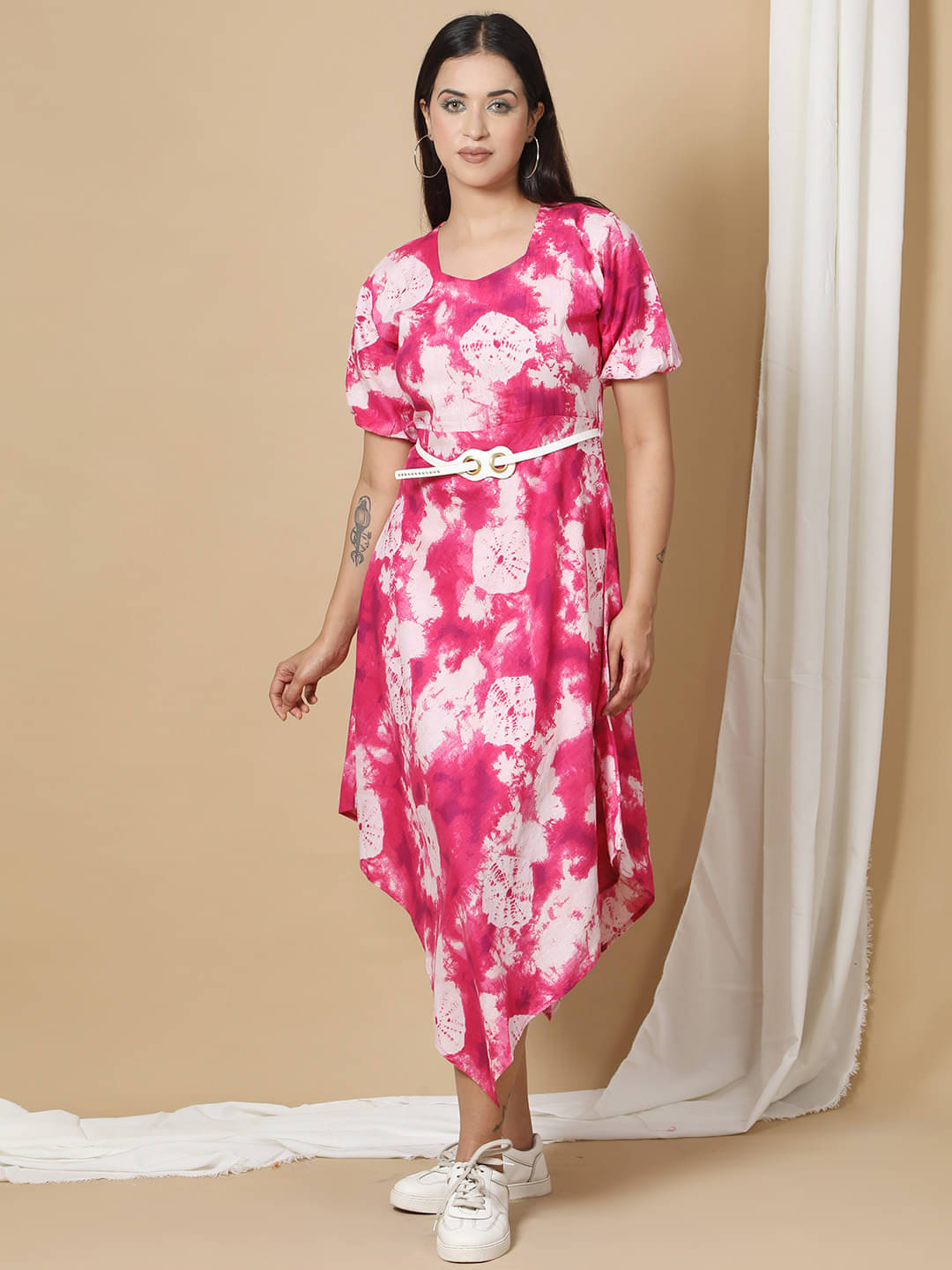    			Ridaa Women's Crepe Printed Asymmetric Dress ( Pink )